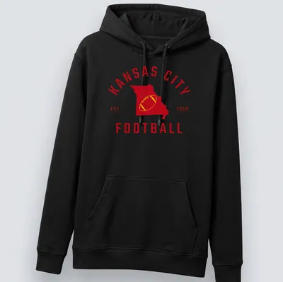Vintage Kansas City football shirt with Missouri state outline and established text — printed on a unisex hoodie