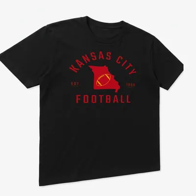 Vintage Kansas City football shirt with Missouri state outline and established text — printed on a unisex t-shirt (angled view)