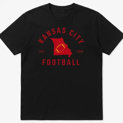 Vintage Kansas City football shirt with Missouri state outline and established text — printed on a unisex t-shirt
