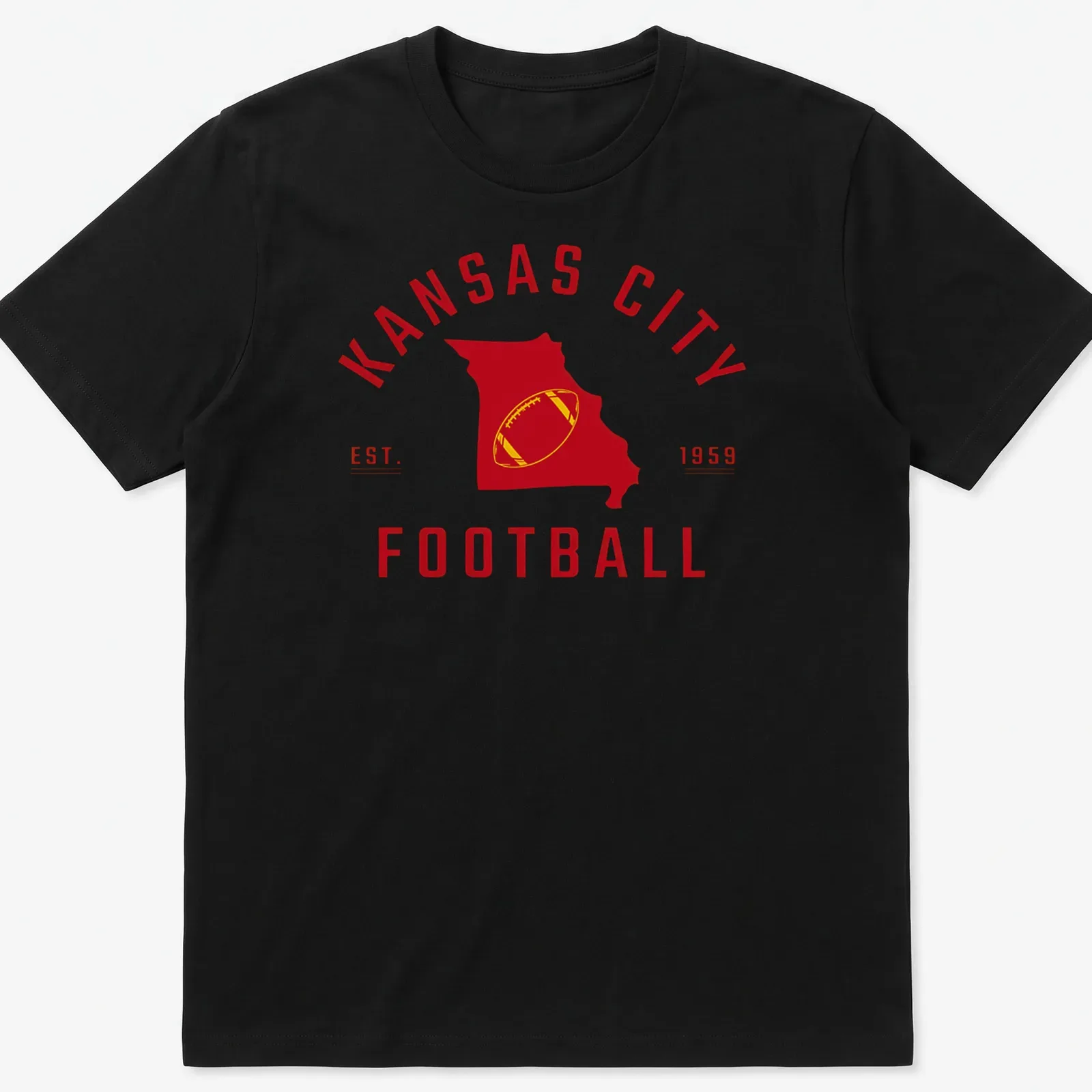 Vintage Kansas City football shirt with Missouri state outline and established text — printed on a unisex t-shirt