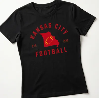 Vintage Kansas City football shirt with Missouri state outline and established text — printed on a women's shirt