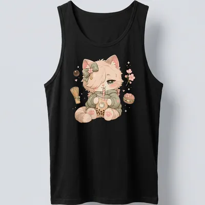 Kawaii design of a cute kitten in a hoodie with pastel colors — printed on a tank top