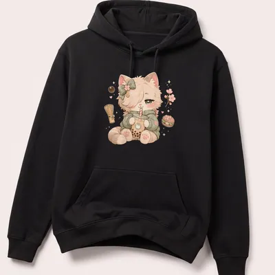 Kawaii design of a cute kitten in a hoodie with pastel colors — printed on a unisex hoodie