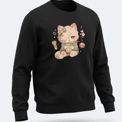 Kawaii design of a cute kitten in a hoodie with pastel colors — printed on a unisex sweatshirt