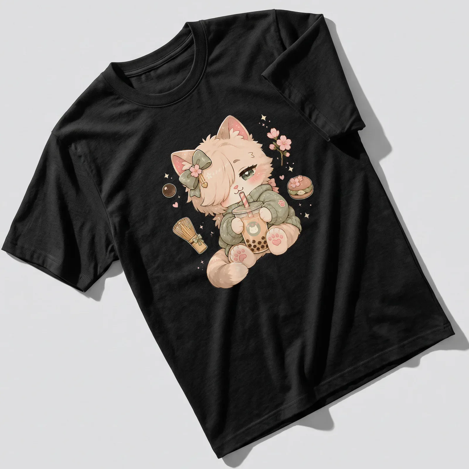 Kawaii design of a cute kitten in a hoodie with pastel colors — printed on a unisex t-shirt