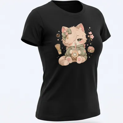 Kawaii design of a cute kitten in a hoodie with pastel colors — printed on a women's shirt
