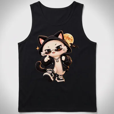 Kawaii Halloween Cat in streetwear with a moon in black, white, orange, and brown — printed on a tank top
