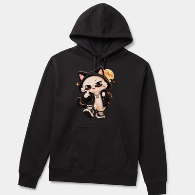 Kawaii Halloween Cat in streetwear with a moon in black, white, orange, and brown — printed on a unisex hoodie