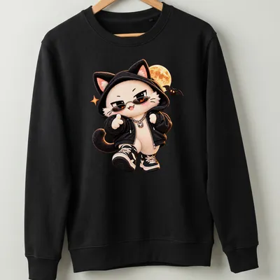 Kawaii Halloween Cat in streetwear with a moon in black, white, orange, and brown — printed on a unisex sweatshirt