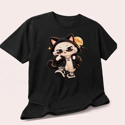 Kawaii Halloween Cat in streetwear with a moon in black, white, orange, and brown — printed on a unisex t-shirt (angled view)