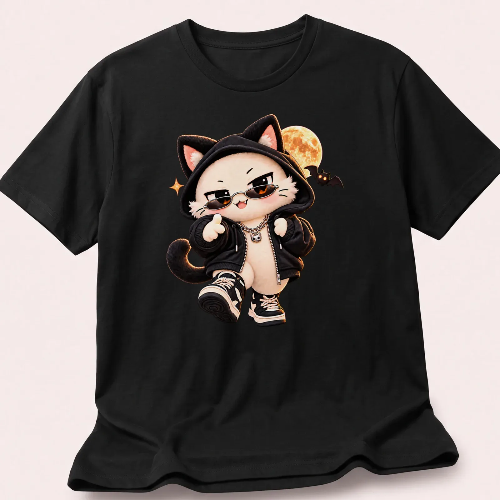Kawaii Halloween Cat in streetwear with a moon in black, white, orange, and brown — printed on a unisex t-shirt