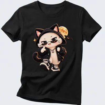 Kawaii Halloween Cat in streetwear with a moon in black, white, orange, and brown — printed on a women's shirt