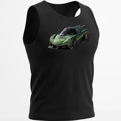 Realistic print of a Koenigsegg Jesco Attack supercar featuring bold lettering. — printed on a tank top