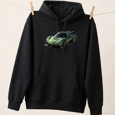 Realistic print of a Koenigsegg Jesco Attack supercar featuring bold lettering. — printed on a unisex hoodie