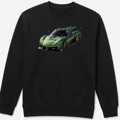 Realistic print of a Koenigsegg Jesco Attack supercar featuring bold lettering. — printed on a unisex sweatshirt