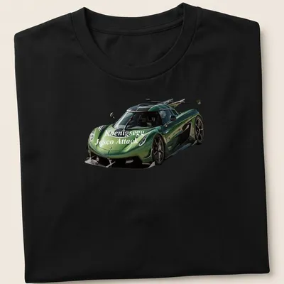 Realistic print of a Koenigsegg Jesco Attack supercar featuring bold lettering.