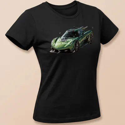 Realistic print of a Koenigsegg Jesco Attack supercar featuring bold lettering. — printed on a women's shirt