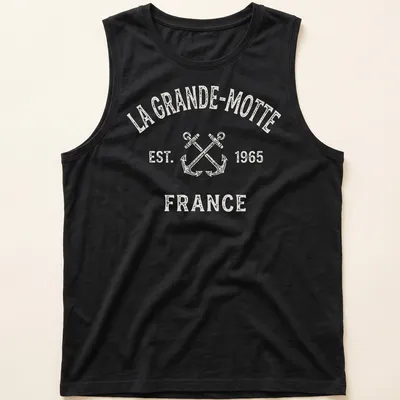 Vintage La Grande-Motte shirt with crossed anchors and established text — printed on a tank top