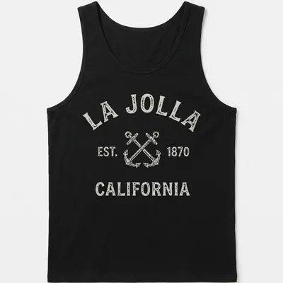 Vintage print of crossed boat anchors with La Jolla text in beige and gray. — printed on a tank top