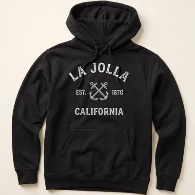 Vintage print of crossed boat anchors with La Jolla text in beige and gray. — printed on a unisex hoodie