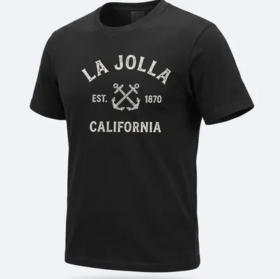 Vintage print of crossed boat anchors with La Jolla text in beige and gray.