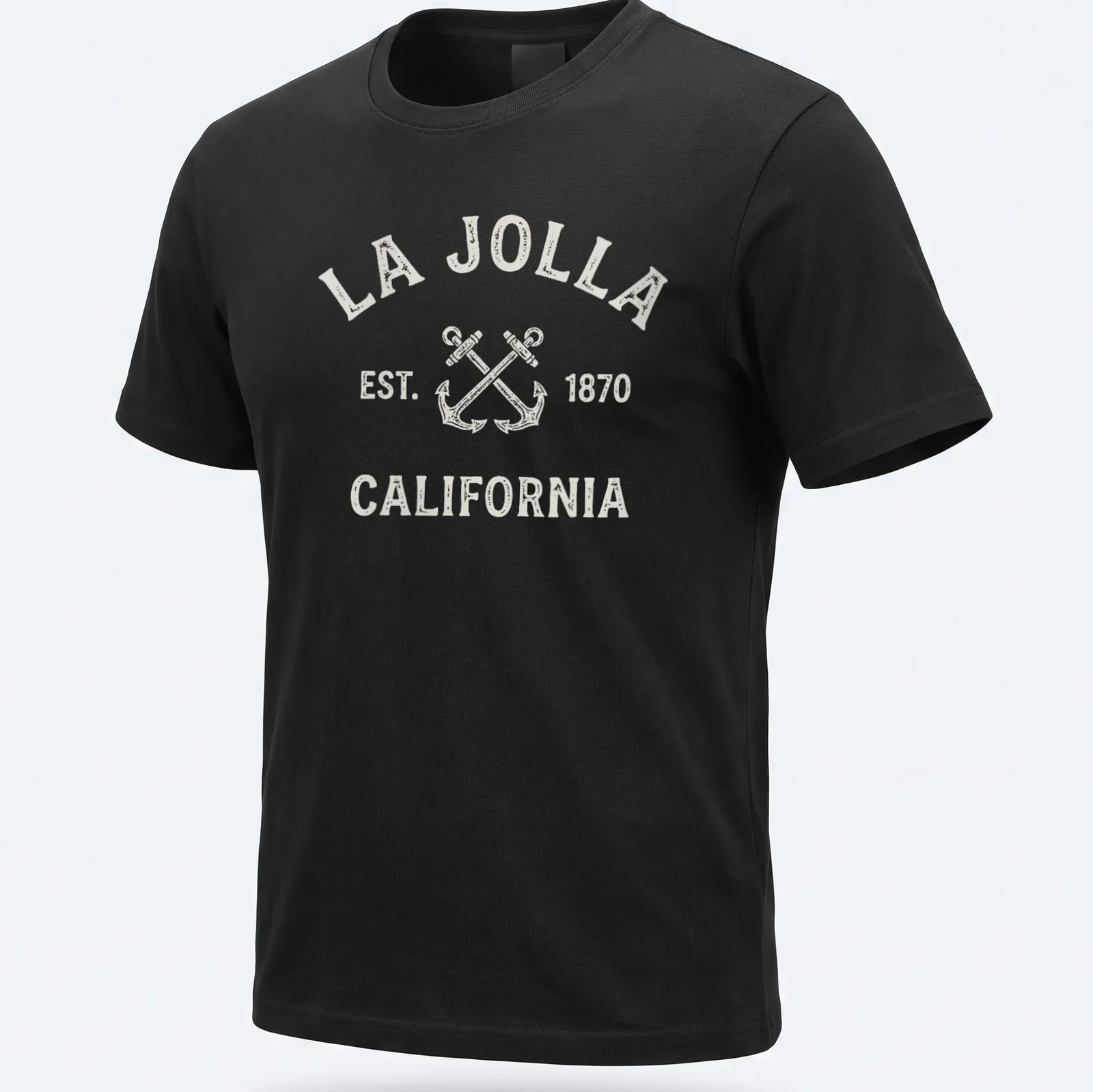Vintage print of crossed boat anchors with La Jolla text in beige and gray. — printed on a unisex t-shirt