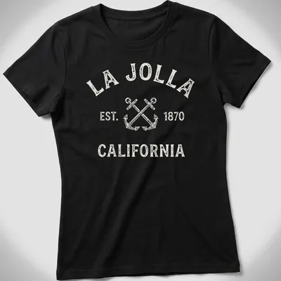 Vintage print of crossed boat anchors with La Jolla text in beige and gray. — printed on a women's shirt