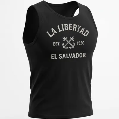 Vintage design featuring crossed anchors and text honoring La Libertad, El Salvador. — printed on a tank top
