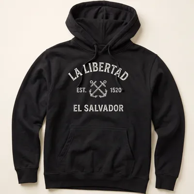 Vintage design featuring crossed anchors and text honoring La Libertad, El Salvador. — printed on a unisex hoodie