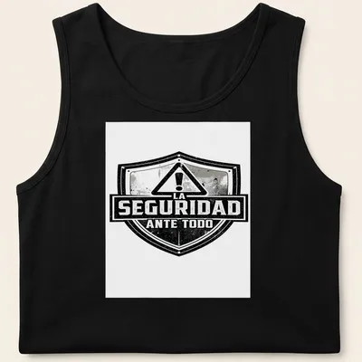 Vintage distressed shirt featuring a safety shield with bold text — printed on a tank top