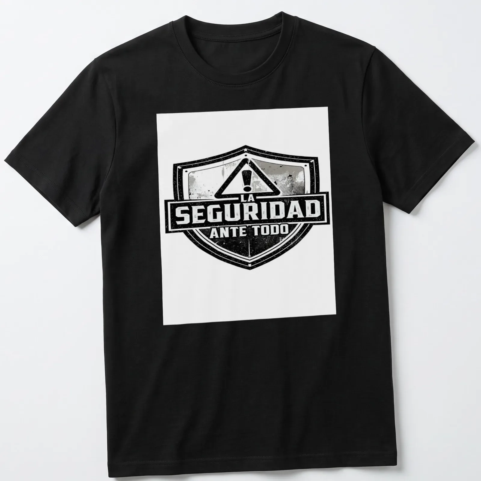 Vintage distressed shirt featuring a safety shield with bold text — printed on a unisex t-shirt