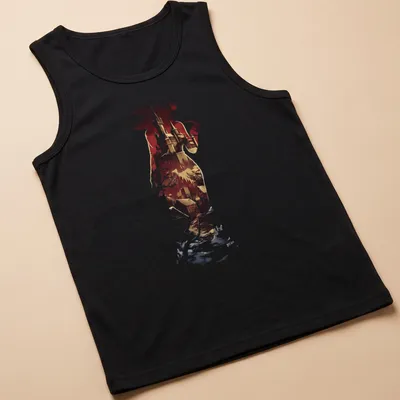 Silhouette of Lady Dimitrescu against a castle backdrop in bold colors — printed on a tank top