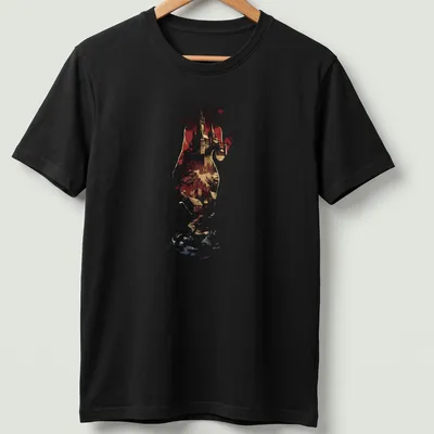 Silhouette of Lady Dimitrescu against a castle backdrop in bold colors — printed on a unisex t-shirt
