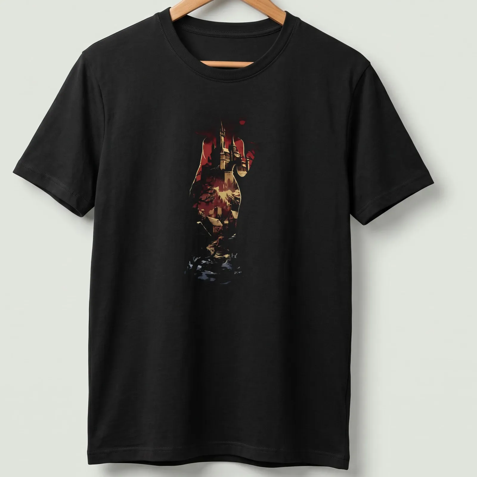 Silhouette of Lady Dimitrescu against a castle backdrop in bold colors — printed on a unisex t-shirt