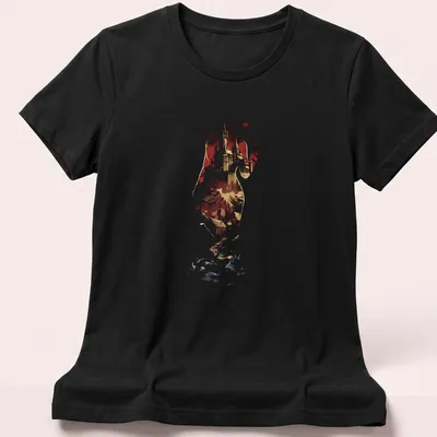 Silhouette of Lady Dimitrescu against a castle backdrop in bold colors — printed on a women's shirt