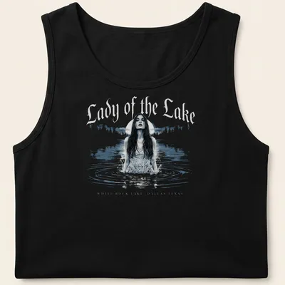 Vintage style print of a woman wading in water with text about White Rock Lake — printed on a tank top