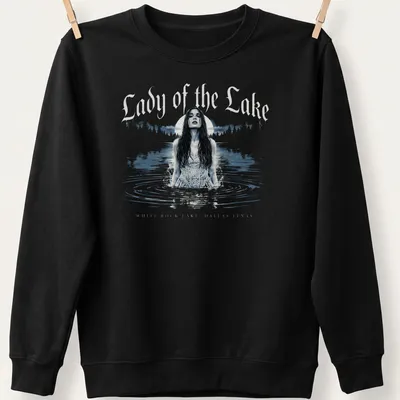Vintage style print of a woman wading in water with text about White Rock Lake — printed on a unisex sweatshirt