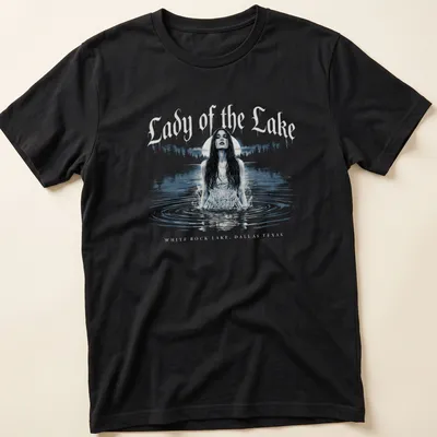 Vintage style print of a woman wading in water with text about White Rock Lake — printed on a unisex t-shirt