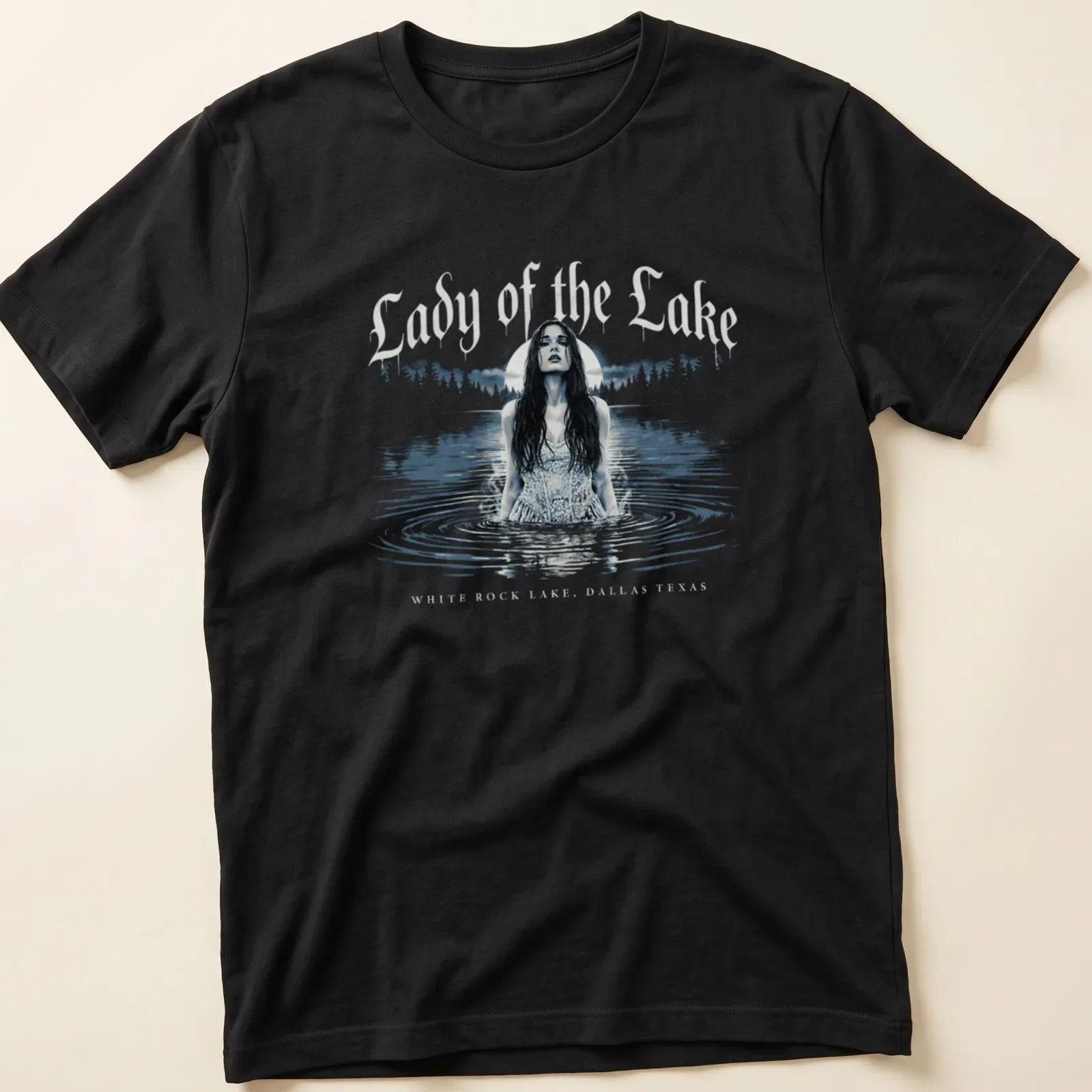Vintage style print of a woman wading in water with text about White Rock Lake — printed on a unisex t-shirt