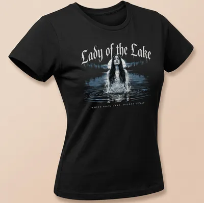 Vintage style print of a woman wading in water with text about White Rock Lake — printed on a women's shirt
