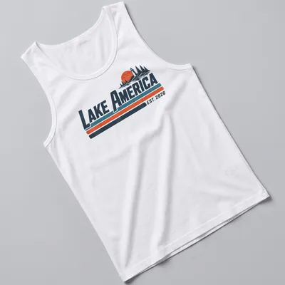 Vintage lighthouse and nature scene with text Lake America EST. 2026 — printed on a tank top
