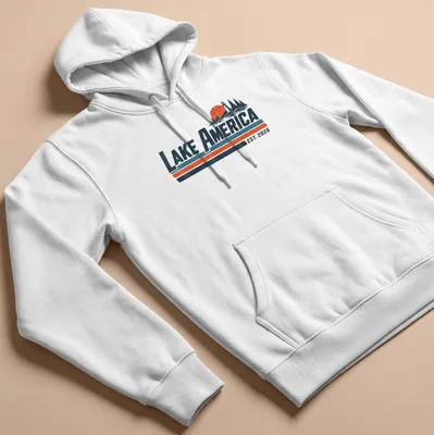 Vintage lighthouse and nature scene with text Lake America EST. 2026 — printed on a unisex hoodie