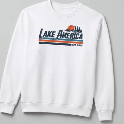 Vintage lighthouse and nature scene with text Lake America EST. 2026 — printed on a unisex sweatshirt