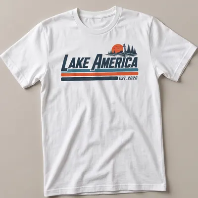 Vintage lighthouse and nature scene with text Lake America EST. 2026 — printed on a unisex t-shirt