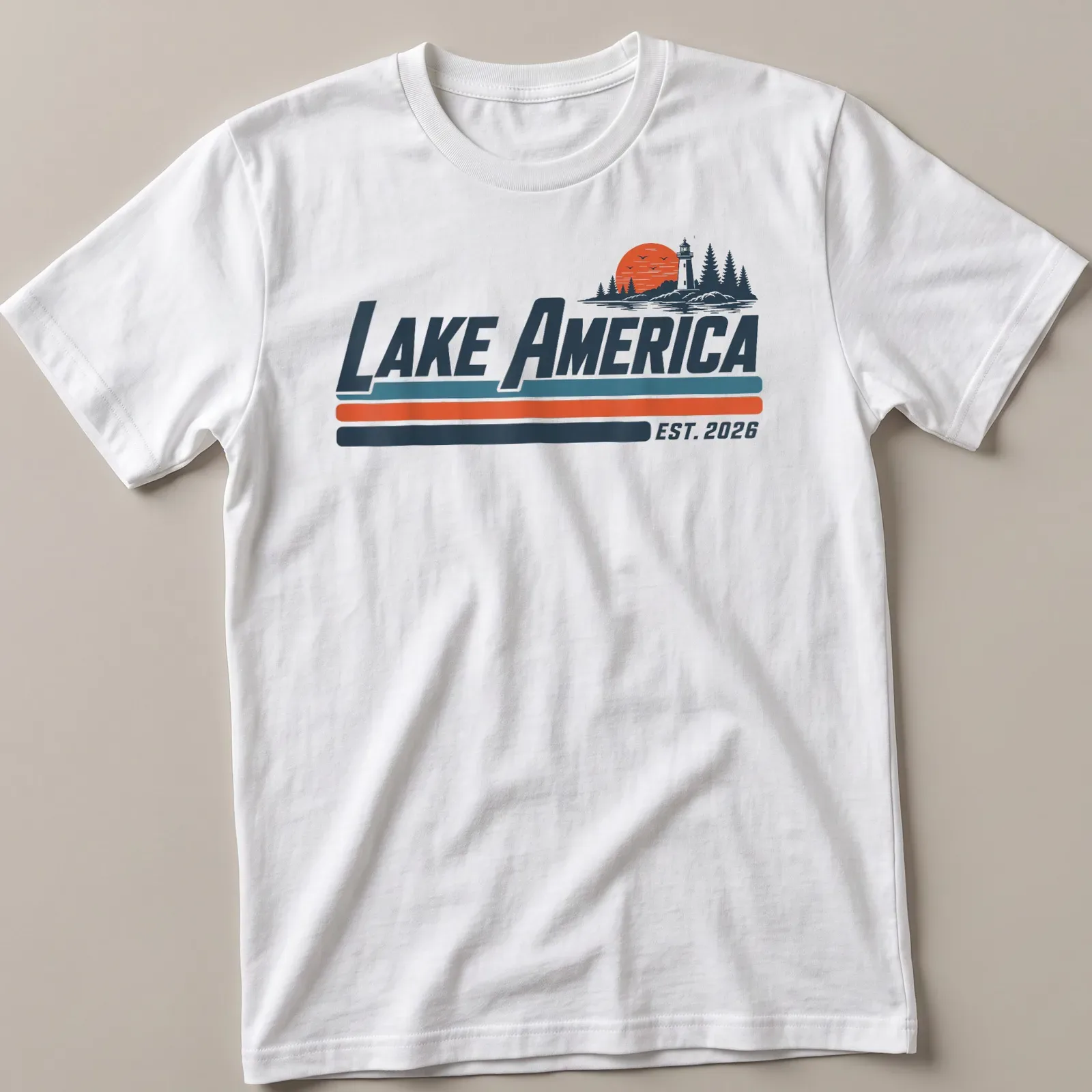 Vintage lighthouse and nature scene with text Lake America EST. 2026 — printed on a unisex t-shirt