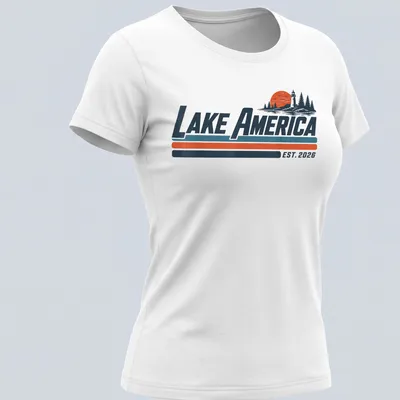 Vintage lighthouse and nature scene with text Lake America EST. 2026 — printed on a women's shirt