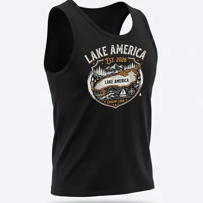 Vintage badge design featuring a map of Lake America with text. — printed on a tank top