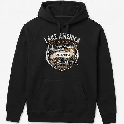 Vintage badge design featuring a map of Lake America with text. — printed on a unisex hoodie