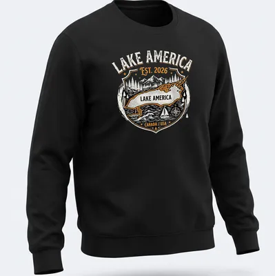 Vintage badge design featuring a map of Lake America with text. — printed on a unisex sweatshirt