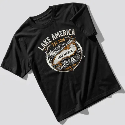 Vintage badge design featuring a map of Lake America with text. — printed on a unisex t-shirt